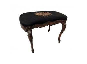 English Embroidered Tapestry Carved Wood Bench, 23Wx15Dx18H
