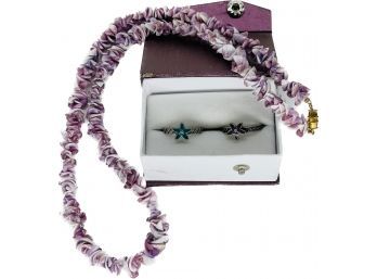 Lilac Shell Necklace And Two Daisy Gemstone Rings With Silvertones, Rings Sizes 7.5 And 8