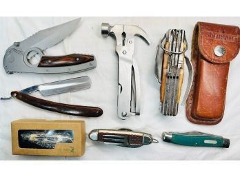 Collection Of Pocket Tool Knives In Container