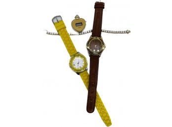 Rhinestone Bracelet Gold Tone, Watch Heart-shaped Pendant And 2 Watches Untested, Laguna