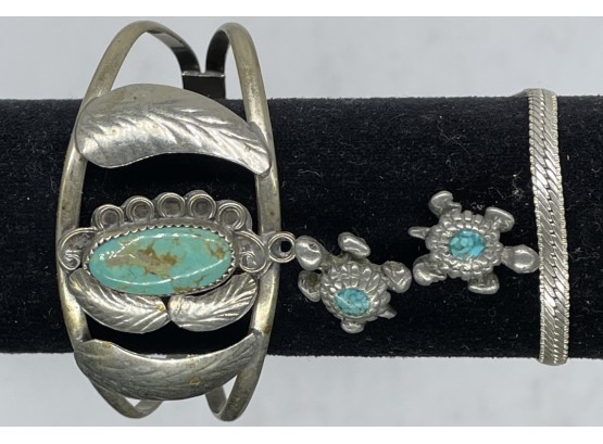 Turquoise Silver Bracelet, See Photo For Markings, Silvertone Necklace, Tiny Turtle Turquoise Figurines