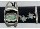 Turquoise Silver Bracelet, See Photo For Markings, Silvertone Necklace, Tiny Turtle Turquoise Figurines