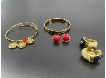 Colorful Earrings And Two Gold Colored Bracelets