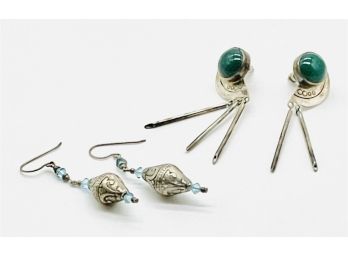 Silver Dangle Earrings, Marked 925, Forest Green Gemstone Light Blue Gemstone. Total Weight 14.09 G