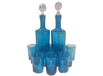 Small Blue Decanter & Matching Cordial Glasses Set