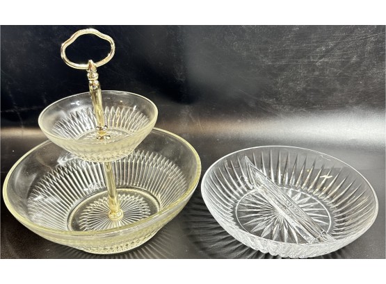 Mid-century 2 Tier Glass Serving Dish & Princess House Split Serving Dish