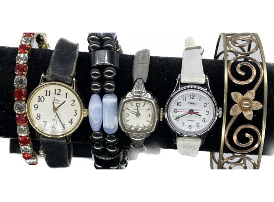 Ladies Watches, Silver & Gold Tone, Timex, Caravelle, Bracelet With Gemstones. Watches Untested.