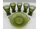 Vintage Jade Art Deco Glass Set, 5 Chalices & 1 Dish