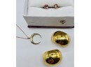 Goldtone Clip Earrings, Fabulous Moon  On Chain Necklace, Gemstone Violet Pierced Earrings