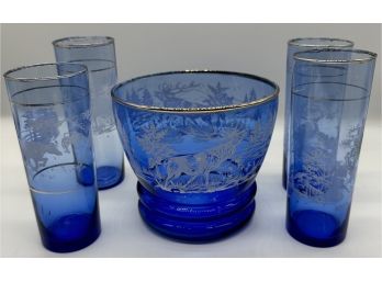 Blue And White W/gold Trim Glasses And Bowl