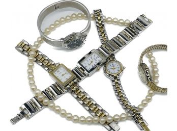 Ladies Watches And Pearls, Gold/silver Tones, Mira, Ann Klein, Fossil, Carriage, Timex. Untested.