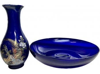 Blue Glass Decorative Bowl And Blue Bird Vase