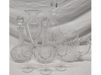 Collection Of Crystal Pitchers, Wine Carafes, And Wine Glasses