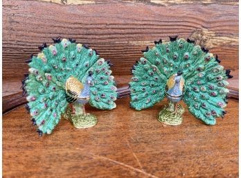 Gorgeous Pair Or Metal Peacocks With Opening Lids