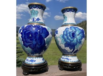 Pair Of Cloisonne Vases With Bold Blue Flowers