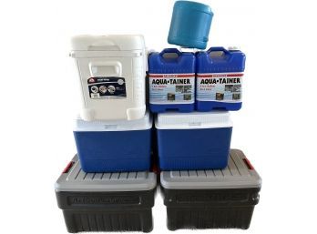 Coolers, Storage Containers, And Aqua-tainers- Rubbermaid, Igloo, Reliance. Largest Container Is 26x19x17