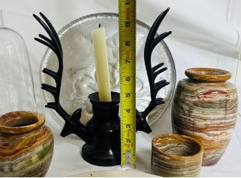Deer Candle Holder, Aluminum Stenciled Platter, Glazed Stoneware Vessels