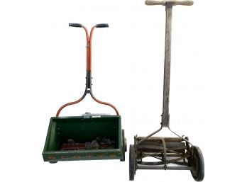 Vintage Push Lawnmower And Scotts Seed Spreader