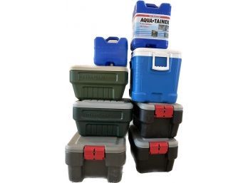 Coolers, Storage Containers, And Aqua-Tainers- Rubbermaid, Igloo, Reliance. Largest Container Is 26x18x12