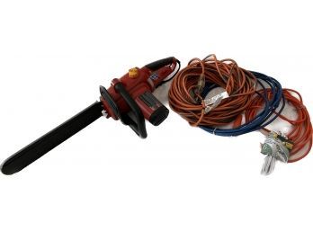 Homelite Electric Chainsaw(16 In Blade), Extension Cords (rigid Is 100 Ft) And Workshop Plugin Hanging Light.