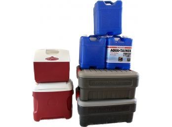 Coolers, Storage Containers, And Aqua-Tainers- Rubbermaid, Igloo, Reliance. Largest Container- 26x19x13