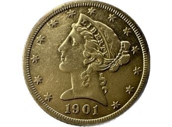 1901 Liberty Gold Five Dollar Coin, 0.3oz