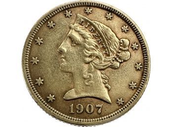 1907 Liberty Gold Five Dollar Coin, 0.3 Oz
