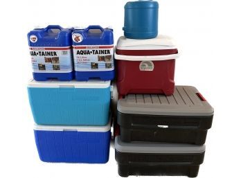 Coolers, Storage Containers, And Aqua-Tainers- Rubbermaid, Igloo, Coleman. Largest Container Is 26x18x12