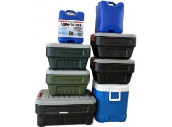 Coolers, Storage Containers, And Aqua-Tainers- Rubbermaid, Igloo, Reliance. Largest Container Is 26x18x12