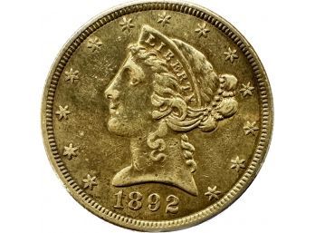1892 Liberty Five Dollar Gold Coin, 0.3oz
