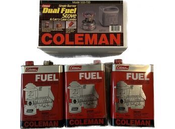 Coleman Duel Fuel Stove& Carry Case Combo & 3- 1 Gallon Coleman Fuel Cans (mostly Full Or All Full).