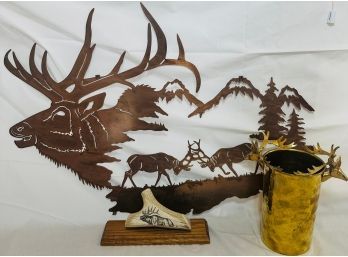 Metal Elk Wall Hanging, Elk Bone Decor, Brass Deer Vase