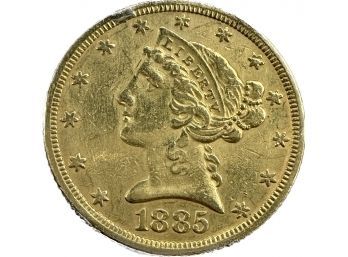 1885 Gold Liberty Five Dollar Coin, 0.3oz