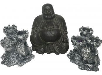 Hotei Yard Decor And Dragon Candle Holders