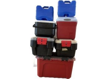 Coolers, Storage Containers, And Aqua-Tainers- Rubbermaid, Coleman, Husky. Largest Container- 27x18x16