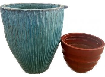 Large Blue Ceramic Planter And Plastic Red Planter