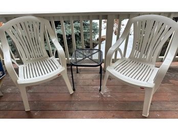 Pair Of White Rubbermaid Patio Chairs And Black Metal Patio Table