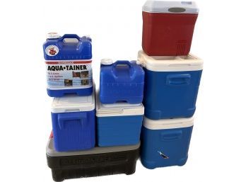 Coolers, Storage Containers, And Aqua-Tainers- Rubbermaid, Igloo, Coleman. Largest Container- 26x18x12