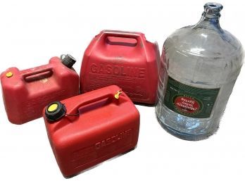 Empty Gas Cans (largest Is 5 Gallons) And 5 Gallon Glass Water Jug