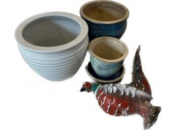 Blue And Oatmeal Colored Ceramic Planters And Quail Yard Decor(cracked Tail As Shown)