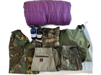 Camping And Outdoor Apparel (size M-l) &Gear- Cabelas Canteens, Canvas Sack (38x21) & Sleeping Bag(26x90)
