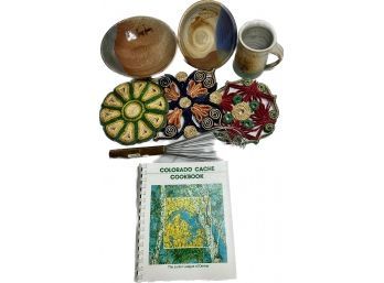 Colorado Cache Cookbook, Hot Pads, Stoneware Bowls And Mug
