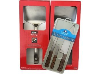 Two Weber Stainless Steel Fish Turners (18in) & Chicago Cutlery 3 Piece Knife Set.