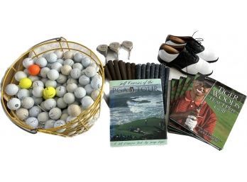 MASSIVE Golf Collection- Tub Of Balls, Club Heads, Grips, Tiger Woods &PGA Course Books, Retro Nike Shoes.