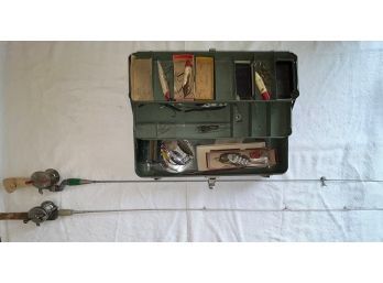 Vintage Fishing Poles (longest Is 54 In) And Tackle Box (19x7x8)