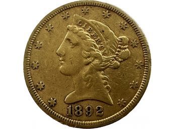 1892 Liberty Gold Five Dollar Coin, 0.3oz