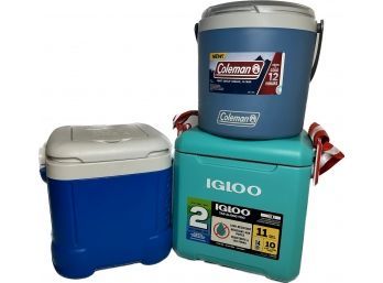 Pair Of Igloo Coolers And Coleman Cooler