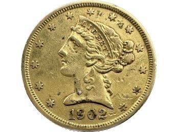 1902 Liberty Gold Five Dollar Coin, 0.3oz