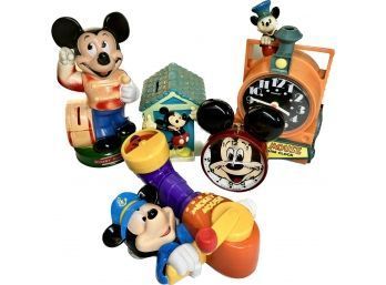 Vintage Mickey Mouse Collection Including 2 Piggy Banks And 2 Clocks