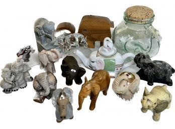 Glass Elephant Cookie Jar, Hallmark Playing Airplane, Pier 1 Elephant Teapot And More Elephants Around 3-5in.